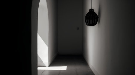 Illuminated corridor with lamp and shadow in black and white.の素材