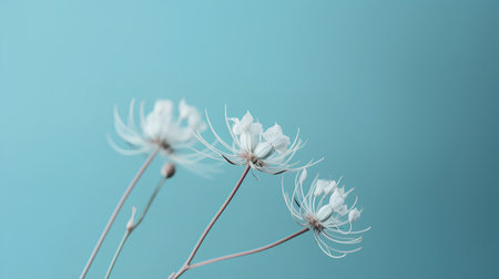 White flowers on a blue background. Minimalistic style. Nature.の素材