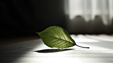Leaf on the wooden floor in the morning light. Shallow depth of field.の素材