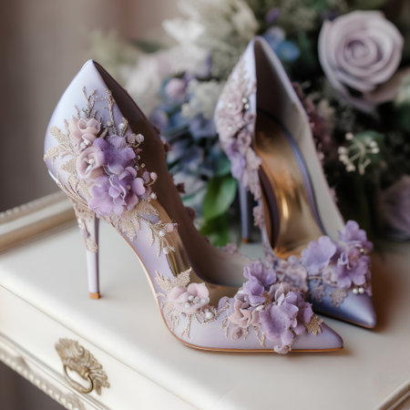 Wedding shoes with flowers on the background of the wedding bouquetの素材