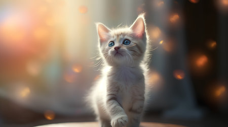 Cute little kitten on light background. Soft focus. Copy space.の素材