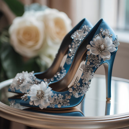 Wedding shoes with rhinestones and flowers on the tableの素材