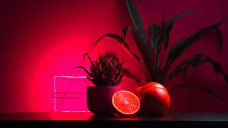 Orange and potted plant on a dark background in neon light.の素材