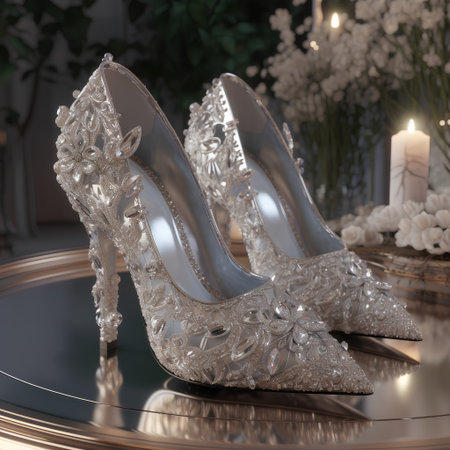 Wedding shoes on a mirror. 3d rendering. High heel.の素材