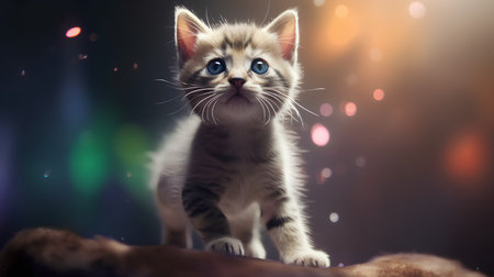 Cute little kitten with blue eyes on a dark background with bokehの素材