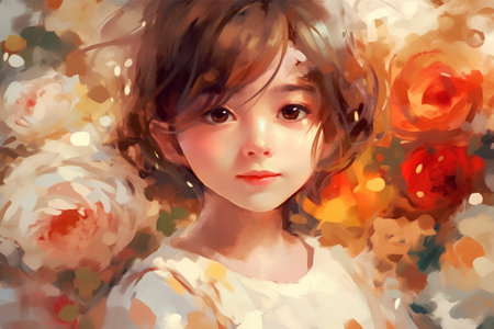 Portrait of a beautiful girl with flowers in her hair. Digital painting.の素材