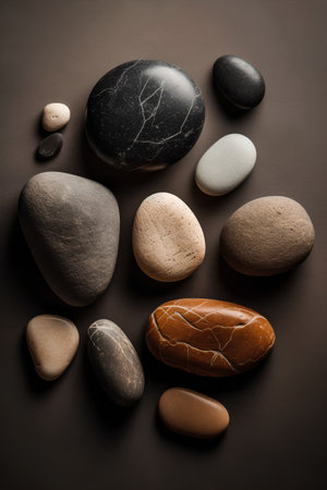 Pebbles on dark background. Flat lay, top view.の素材