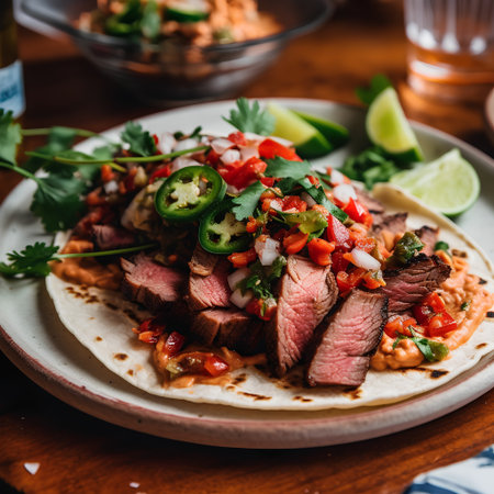 tacos with beef meat and vegetables on rustic wooden tableの素材