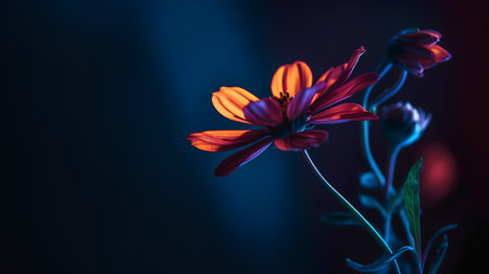 Cosmos flowers on a dark blue background, close-up.の素材