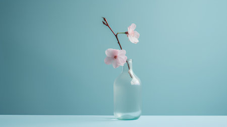 Blossoming branch of sakura in glass bottle on blue backgroundの素材