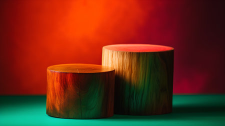 Wooden tableware on a green background. Wooden tableware.の素材