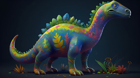 3d rendering of a colorful dinosaur on a dark background with grassの素材