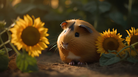 Guinea pig and sunflowers on a background of green grassの素材
