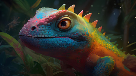 Chameleon in the jungle. 3D illustration. Digital painting.の素材
