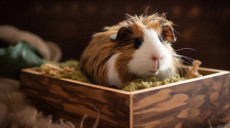 guinea pig in a wooden box on a background of a wooden wallの素材