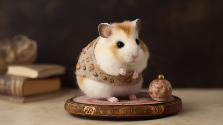 Hamster in a scarf with a Christmas ball on a brown backgroundの素材