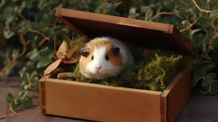 Guinea pig in a wooden box on a background of green leavesの素材