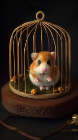 Hamster in a cage on a dark background. Close-up.の素材