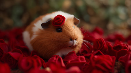 Guinea pig on red rose petals, valentine's day conceptの素材