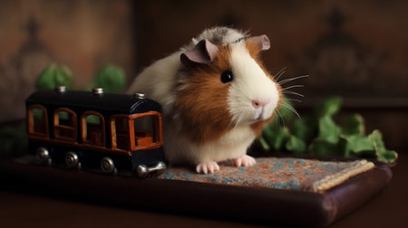 Guinea pig with old book and toy train on wooden background.の素材
