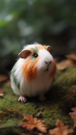 Cute guinea pig with autumn leaves on green moss background.の素材