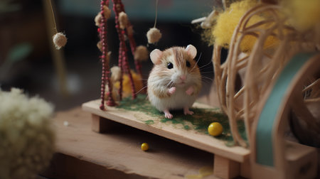 Hamster sitting on a wooden swing with Easter eggs in the backgroundの素材