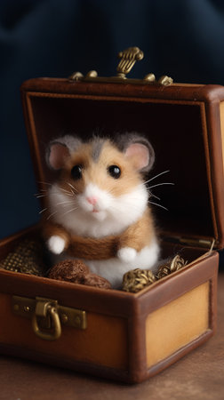 Hamster in a wooden box on a dark blue background, close-upの素材