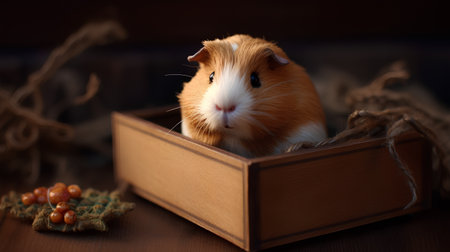 guinea pig in a wooden box on a dark background, close-upの素材
