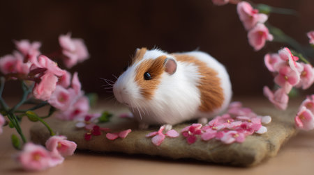 Cute guinea pig on a wooden background with pink flowers.の素材