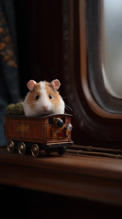 Cute hamster sits on a toy train and looks out the window.の素材