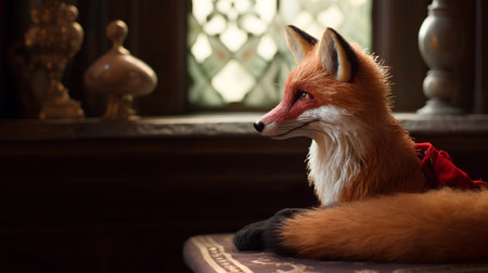 Red fox on a chair in a room with a window in the backgroundの素材