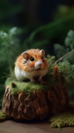 Hamster sitting on a stump in the forest, close-upの素材