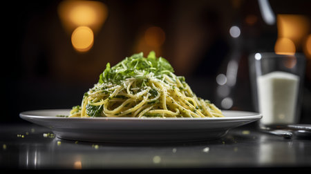 Spaghetti with pesto sauce and parmesan cheese on a dark backgroundの素材