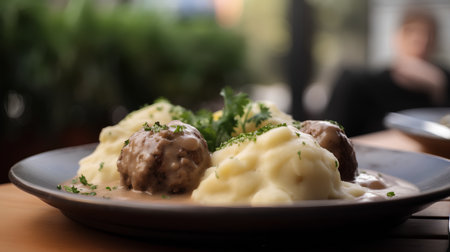 Mashed potatoes with meatballs on a plate. Selective focus.の素材