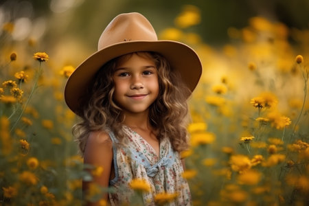 Portrait of a beautiful little girl in a hat on a yellow flower fieldの素材