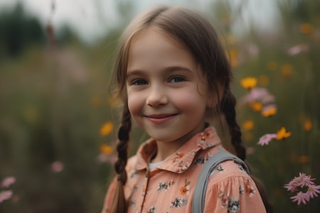 Portrait of a cute little girl in a field of flowers.の素材