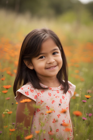 Little girl in a flower meadow smiling and looking at the cameraの素材