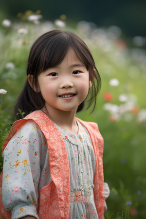 Portrait of little asian girl smiling in the field of flowersの素材