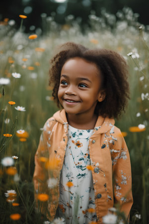 cute african american little girl smiling at camera in camomile fieldの素材