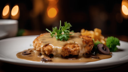Crispy pork cutlet with mushroom sauce on a white plateの素材