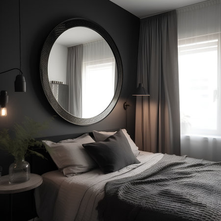 Luxury bedroom interior with a round mirror and a bedside tableの素材