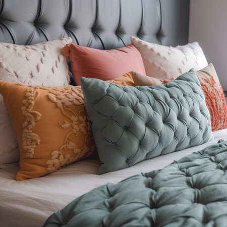 Colorful pillows on the bed in the bedroom. Selective focus.の素材