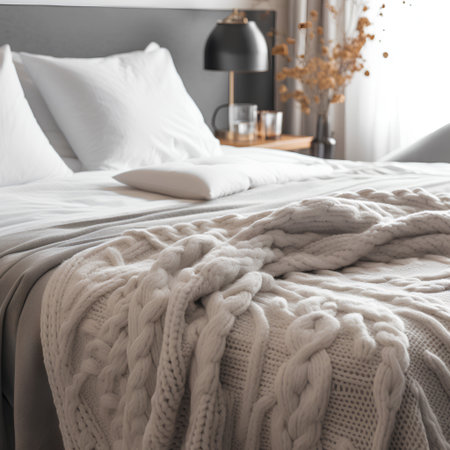 Cozy bedroom interior with warm knitted blanket on bed, closeupの素材