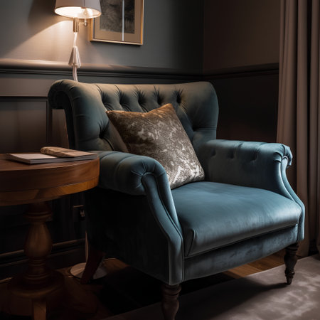Classic blue armchair with pillows in the interior. 3d renderの素材