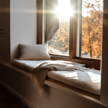 Cushion on the windowsill in autumn. Sunlight through the window.の素材