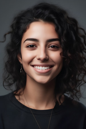 Portrait of a beautiful smiling young woman with long curly hair.の素材