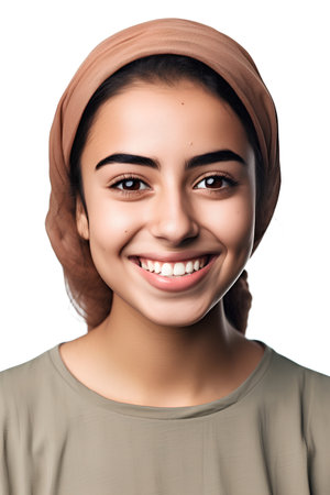 Closeup portrait of a beautiful smiling young woman in a headscarfの素材