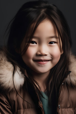 Portrait of a cute little girl in a brown coat on a dark backgroundの素材