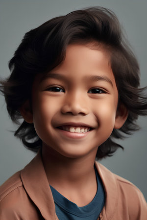 Closeup portrait of cute little asian boy smiling and looking at cameraの素材