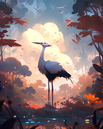 Fantasy landscape with a stork in the forest. Vector illustration.の素材